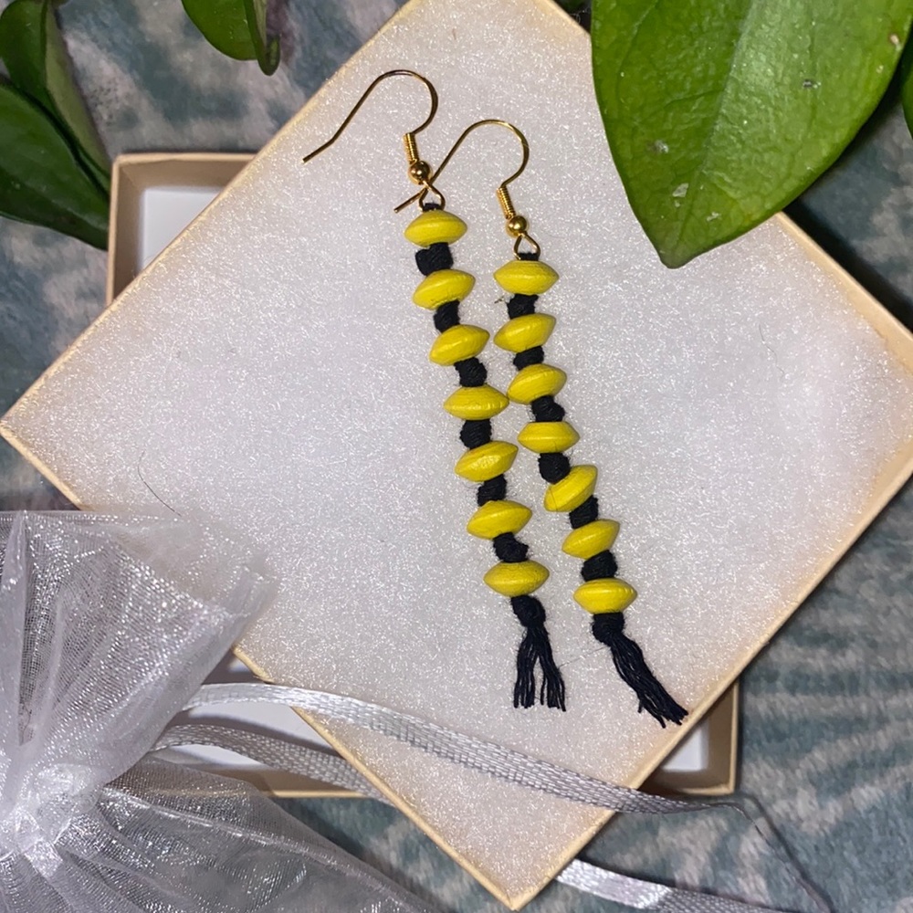 Sunflower Yellow Hand Crafted Macrame Tassel Fringe Earrings Wood Beaded Accents
